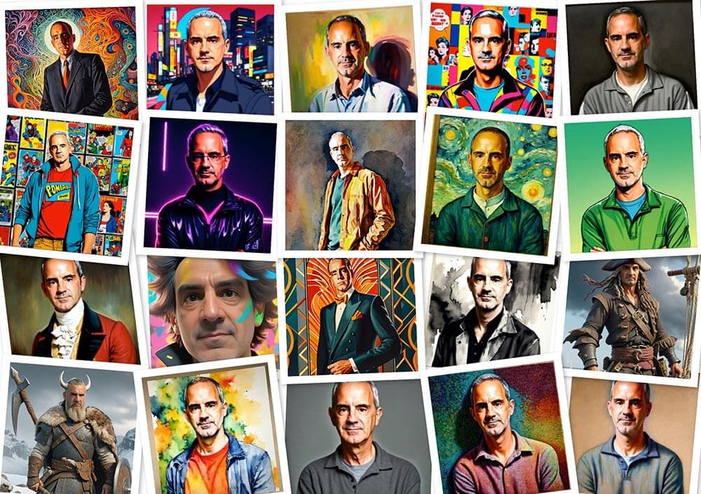 Mosaïque de portraits générés par le Photobooth IA Starsbox, dans différents styles artistiques